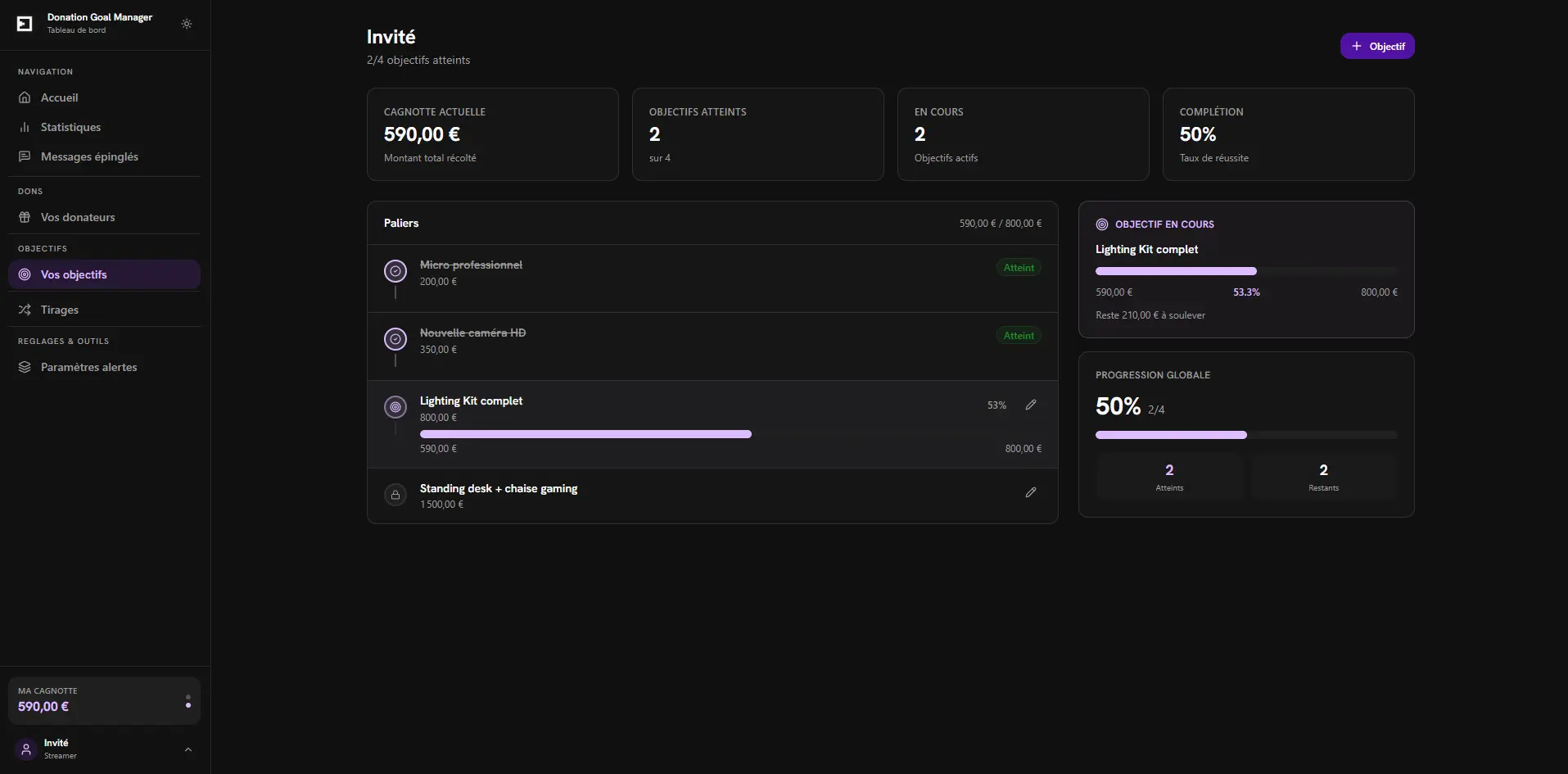 Capture d'écran de la page d'objectifs de l'application Donation Goal Manager