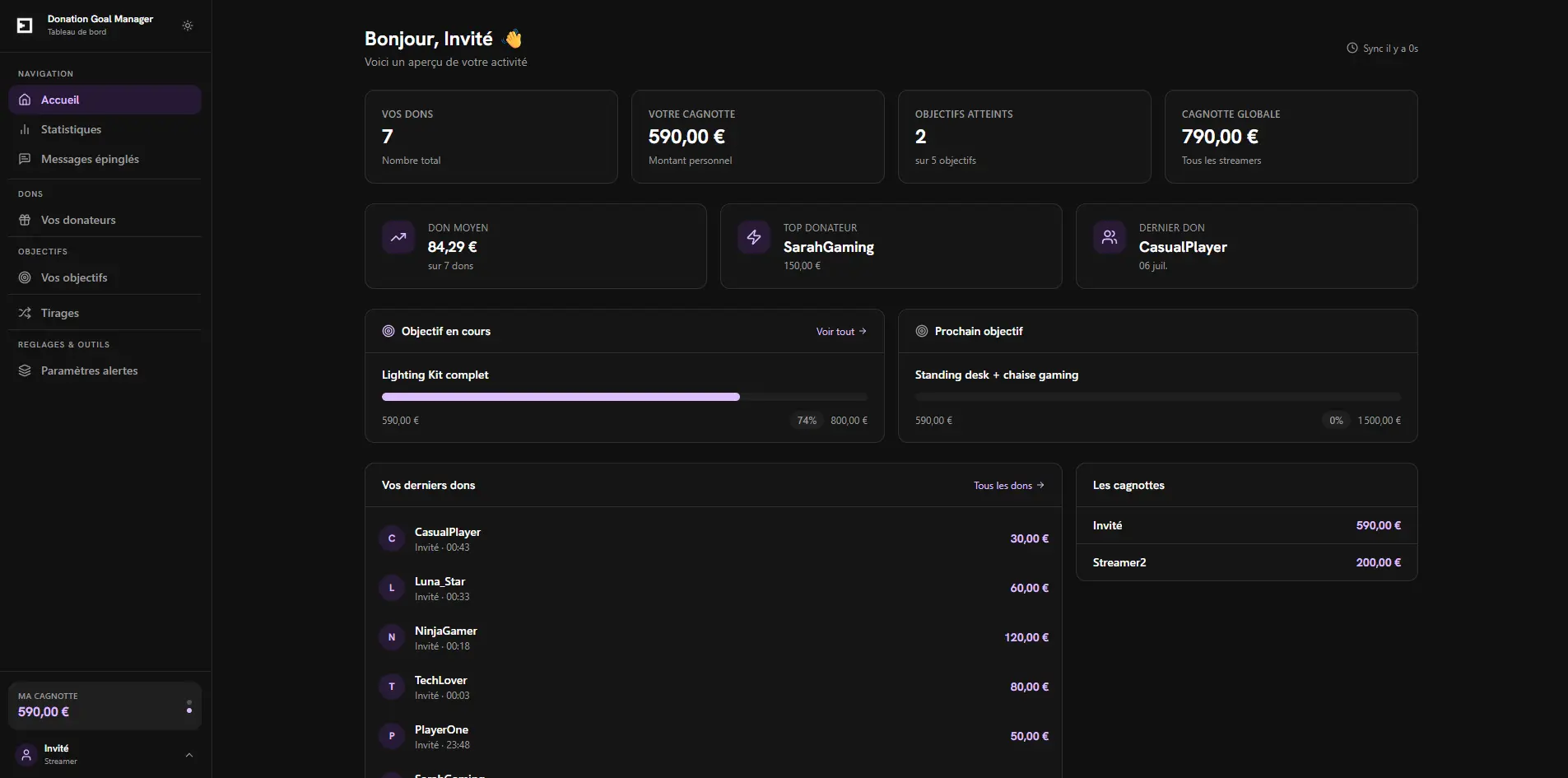 Capture d'écran de la page d'accueil de l'application Donation Goal Manager