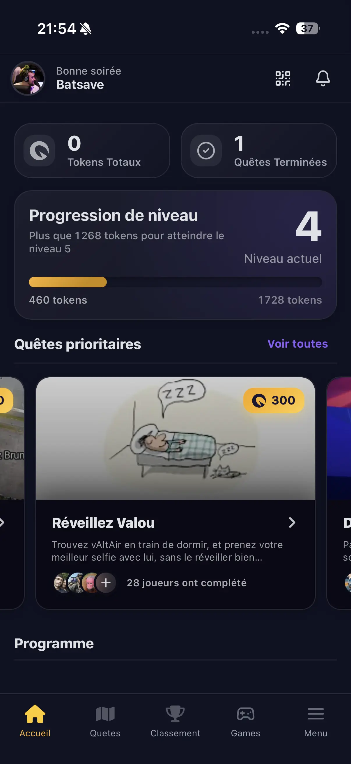 Page d'accueil de l'application Quests