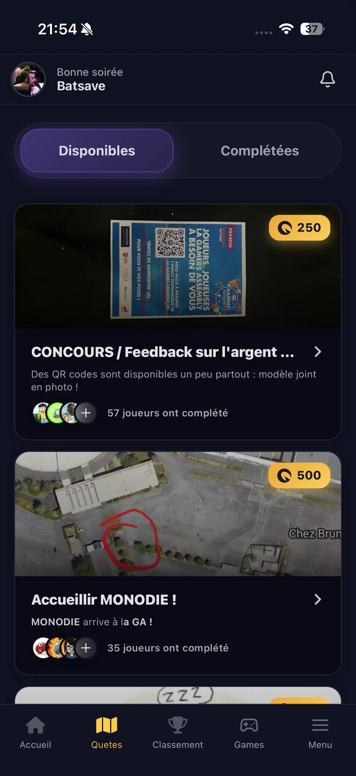 Page de quêtes de l'application Quests