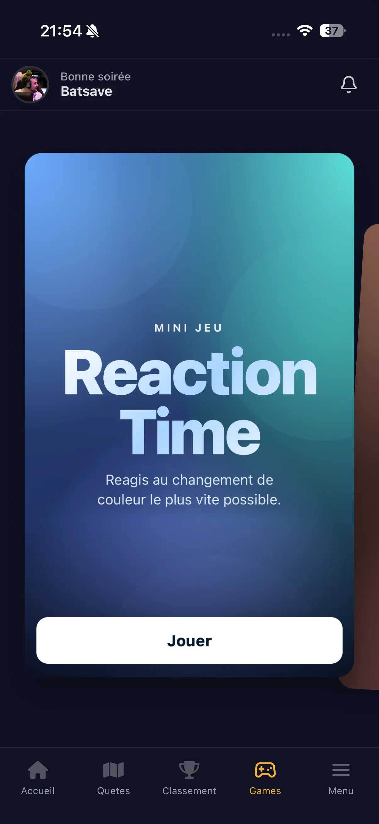 Page mini-jeux de l'application Quests