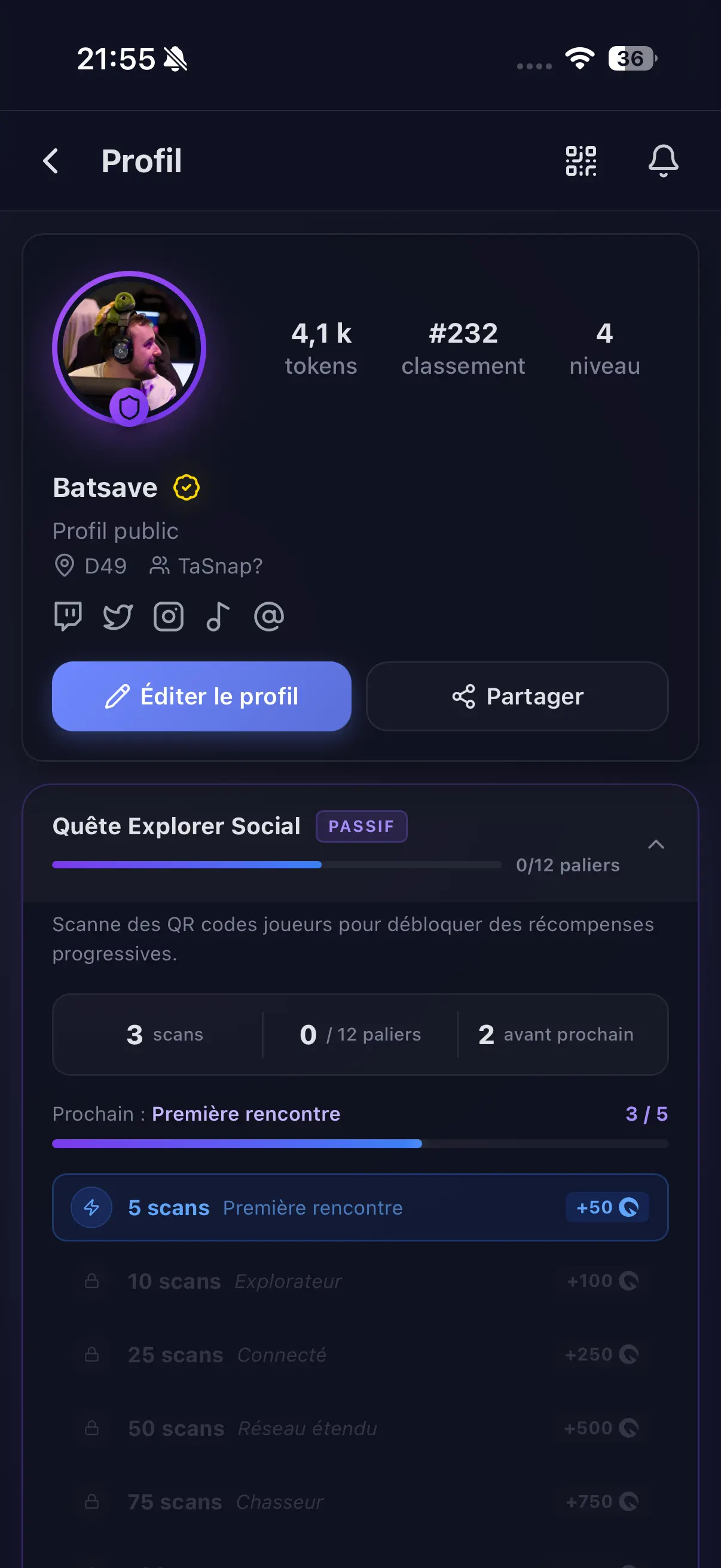 Page profil de l'application Quests